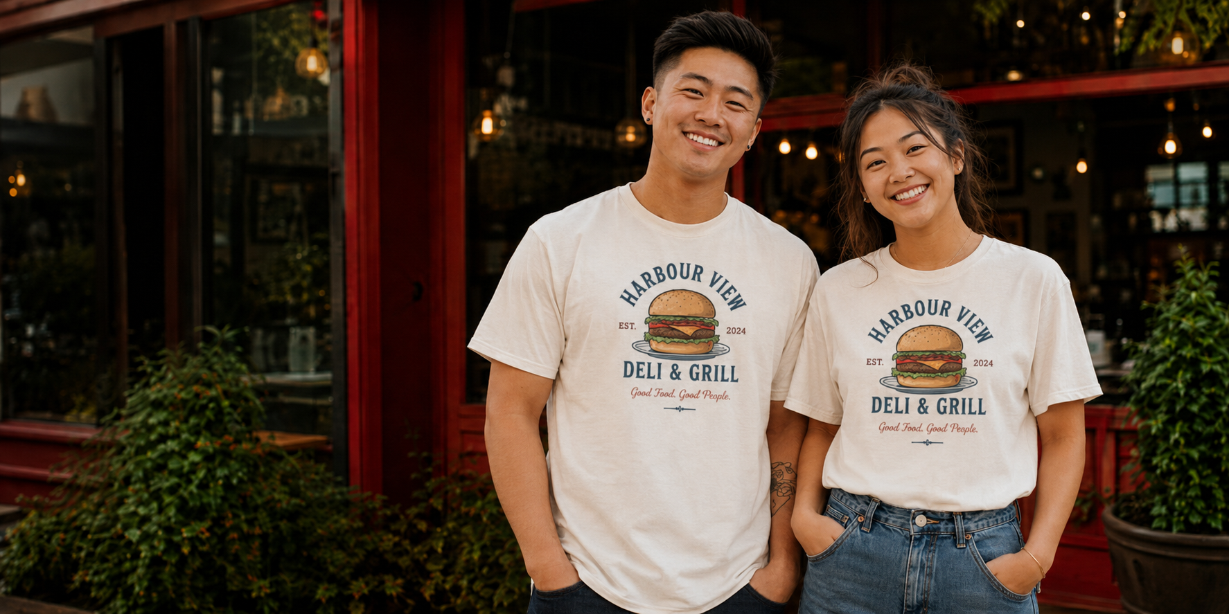 Two customers wearing custom printed Harbour View Deli & Grill shirts